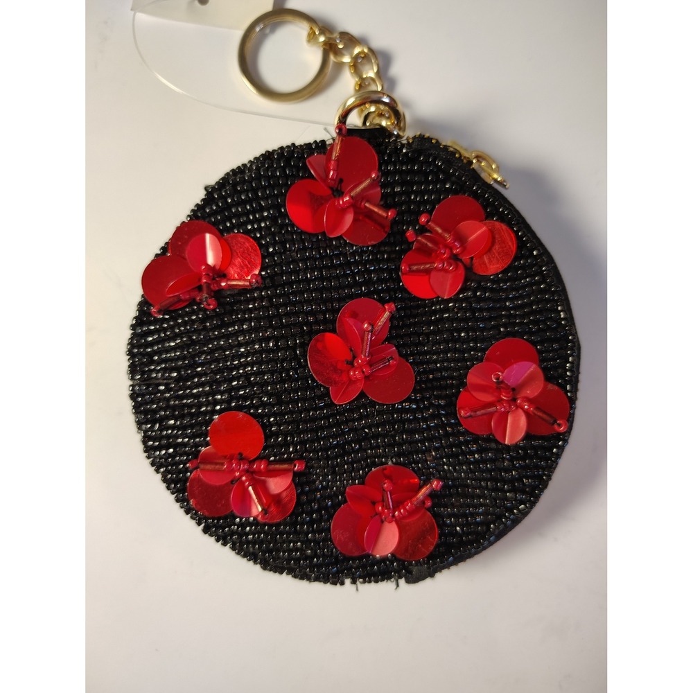 NWT Beaded Floral Coin Purse Keychain Black Red Sequin Flower Pouch 10022293300